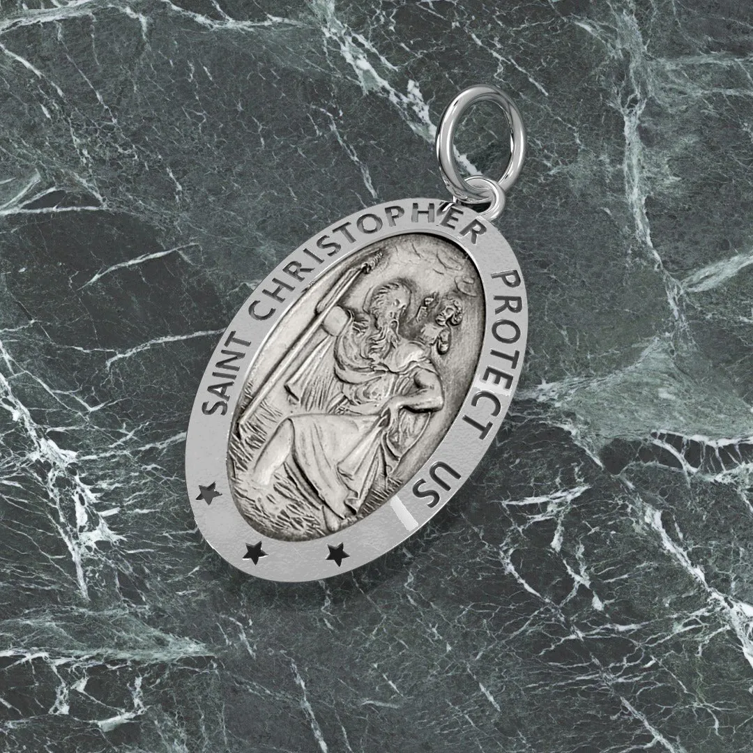 Ladies 925 Sterling Silver St Christopher Oval Antique Pendant Necklace, 18mm