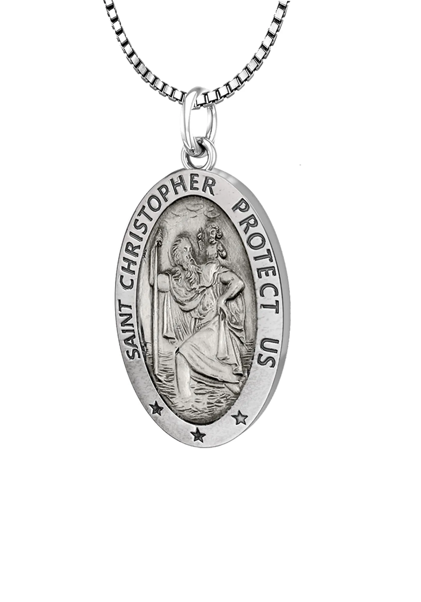 Ladies 925 Sterling Silver St Christopher Oval Antique Pendant Necklace, 18mm