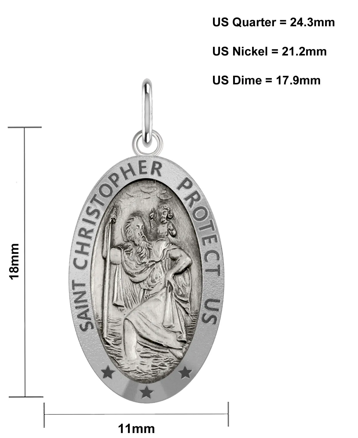 Ladies 925 Sterling Silver St Christopher Oval Antique Pendant Necklace, 18mm