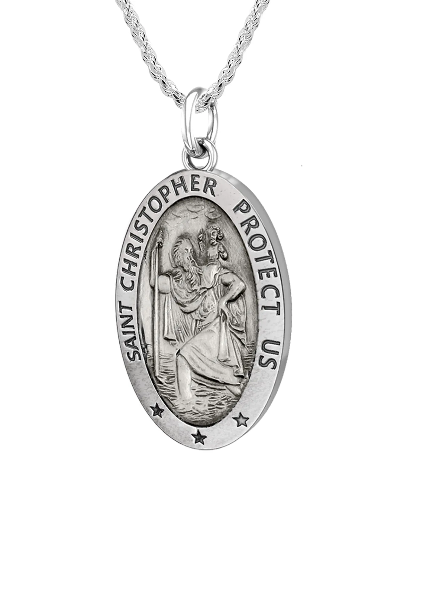 Ladies 925 Sterling Silver St Christopher Oval Antique Pendant Necklace, 18mm