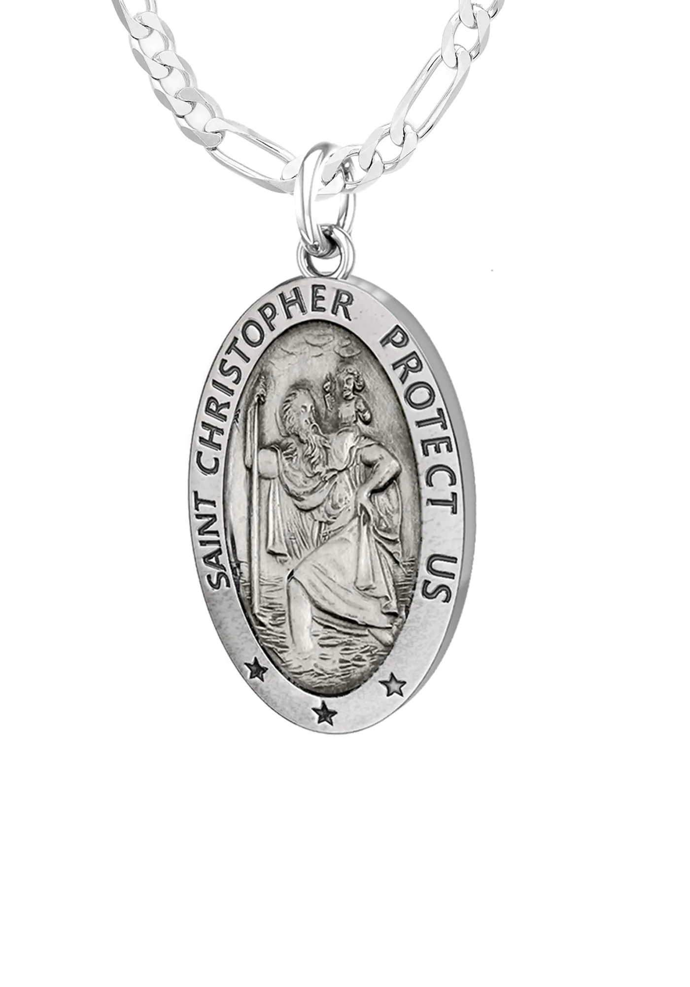 Ladies 925 Sterling Silver St Christopher Oval Antique Pendant Necklace, 18mm