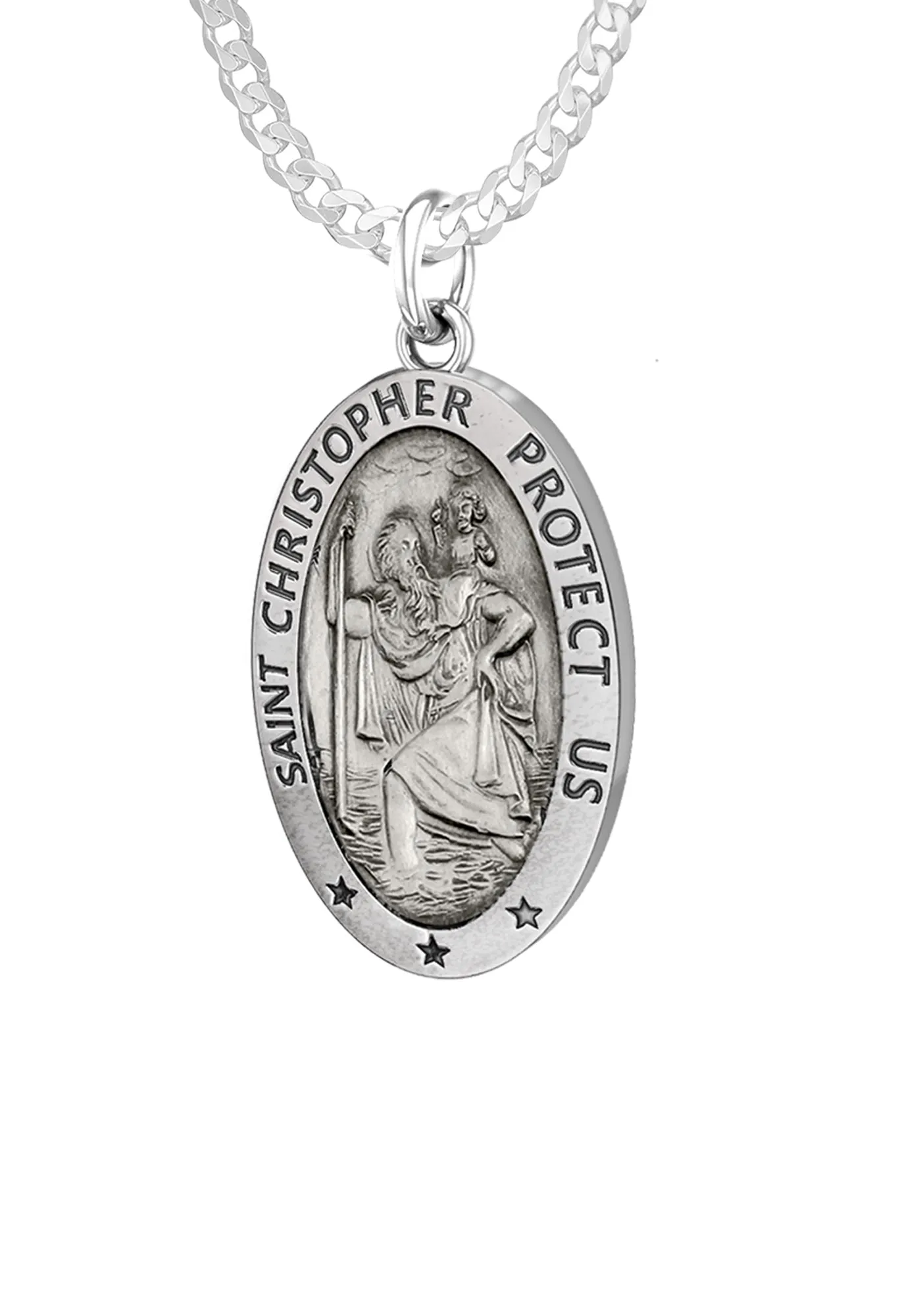Ladies 925 Sterling Silver St Christopher Oval Antique Pendant Necklace, 18mm