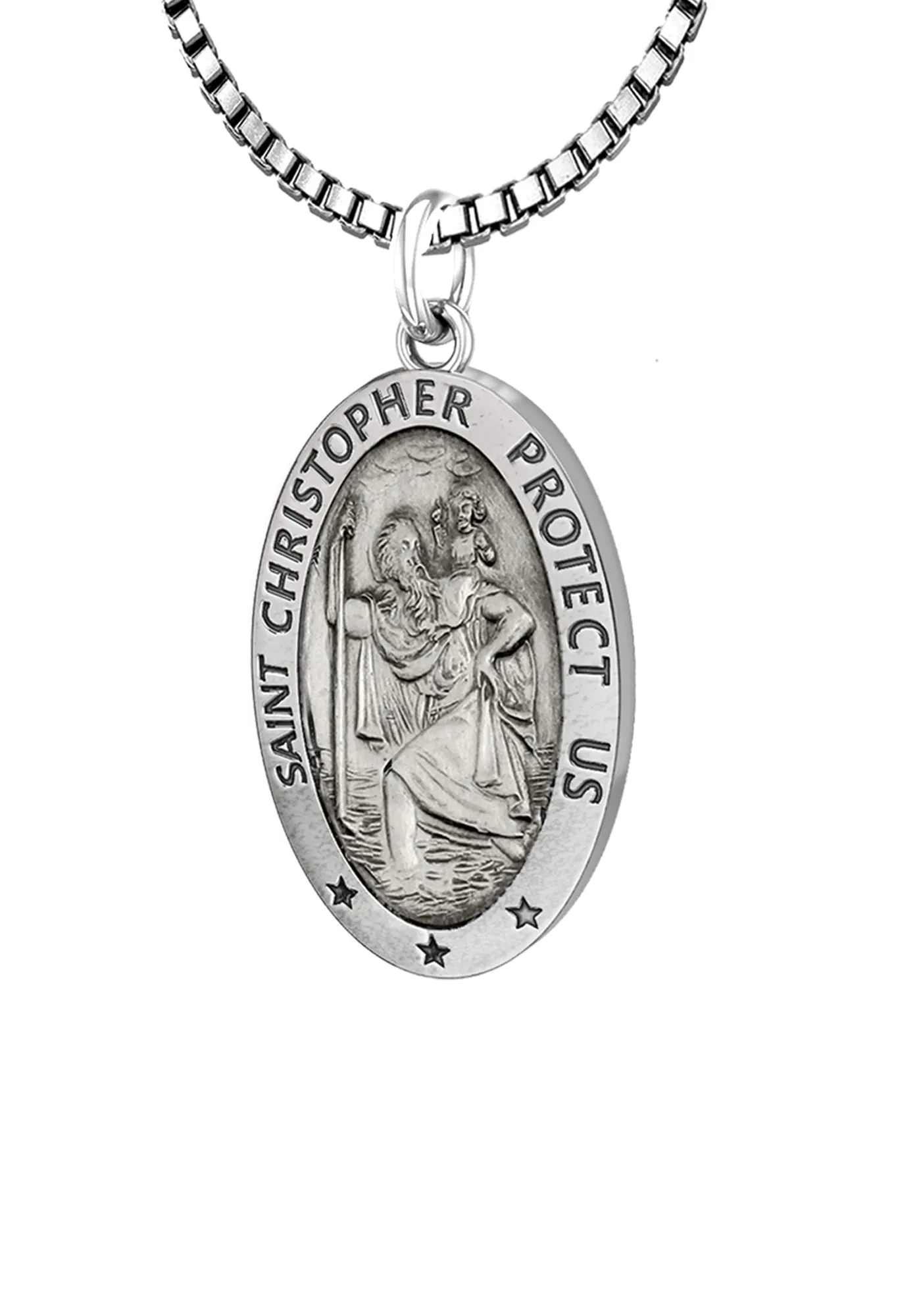 Ladies 925 Sterling Silver St Christopher Oval Antique Pendant Necklace, 18mm