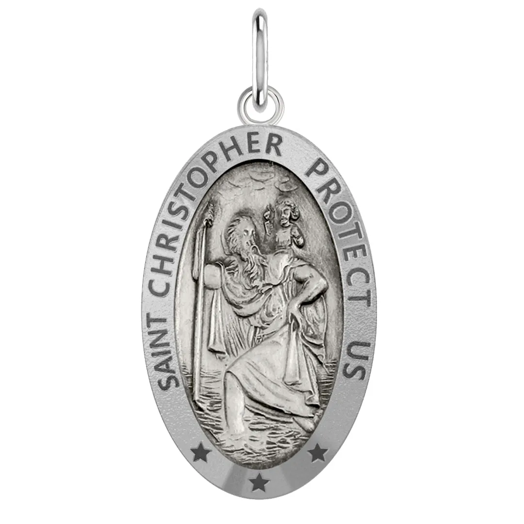 Ladies 925 Sterling Silver St Christopher Oval Antique Pendant Necklace, 18mm