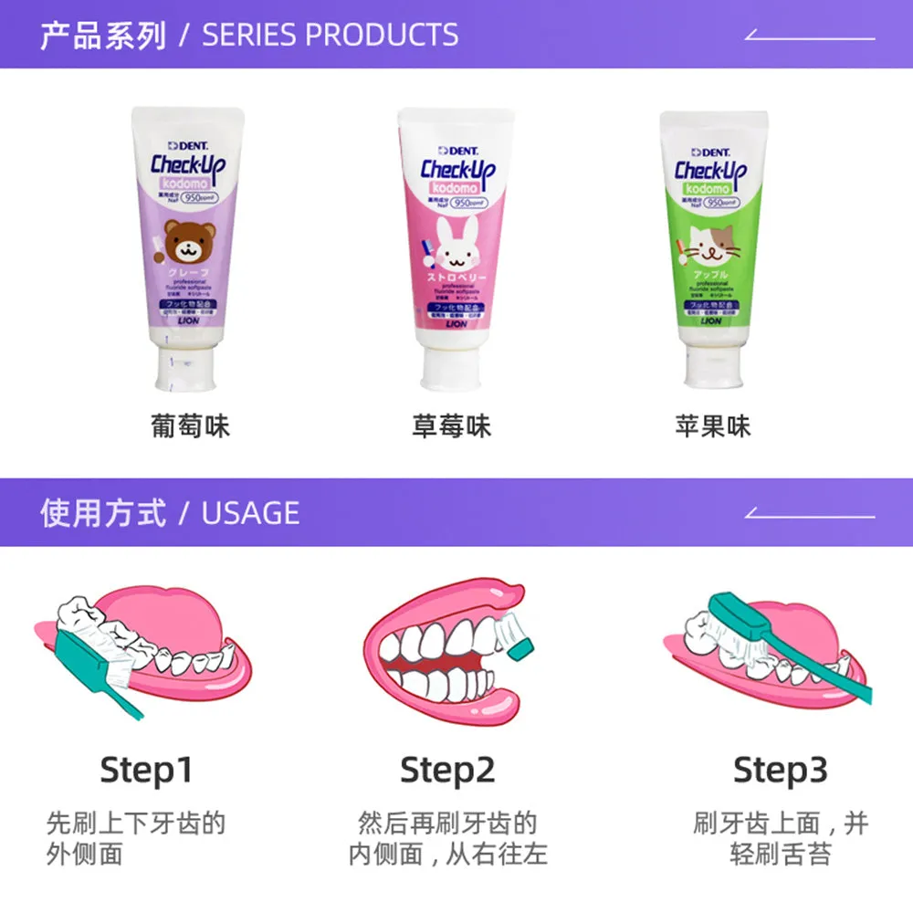 Lion CHECK-UP Kids Anti-Cavity Toothpaste, Strawberry Flavour, Pink Bunny Design, 60g