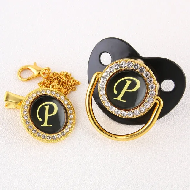 Luxury Silver Crown 26 Name Initial Letter Transparent Baby Pacifier Chain Clip Newborn Infant Soother Orthodontic Baby Pacifier