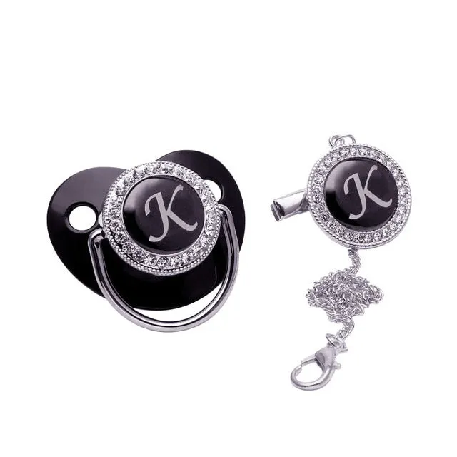 Luxury Silver Crown 26 Name Initial Letter Transparent Baby Pacifier Chain Clip Newborn Infant Soother Orthodontic Baby Pacifier