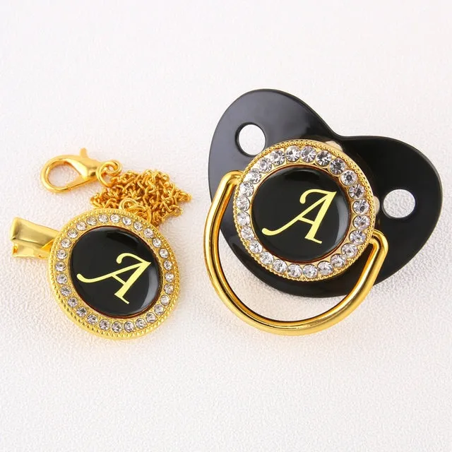 Luxury Silver Crown 26 Name Initial Letter Transparent Baby Pacifier Chain Clip Newborn Infant Soother Orthodontic Baby Pacifier