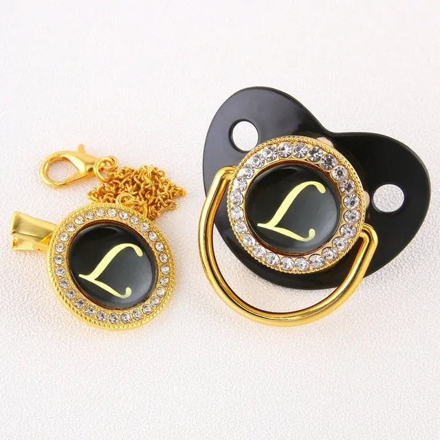 Luxury Silver Crown 26 Name Initial Letter Transparent Baby Pacifier Chain Clip Newborn Infant Soother Orthodontic Baby Pacifier