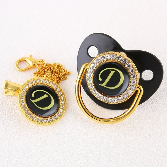 Luxury Silver Crown 26 Name Initial Letter Transparent Baby Pacifier Chain Clip Newborn Infant Soother Orthodontic Baby Pacifier
