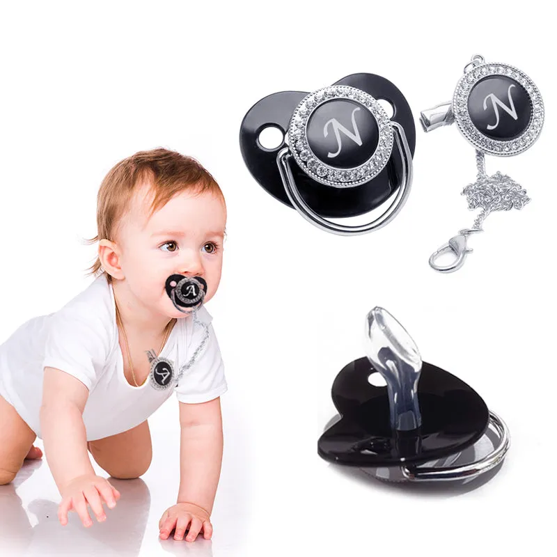 Luxury Silver Crown 26 Name Initial Letter Transparent Baby Pacifier Chain Clip Newborn Infant Soother Orthodontic Baby Pacifier