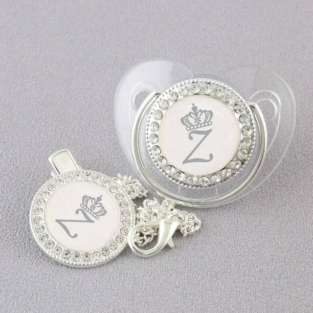 Luxury Silver Crown 26 Name Initial Letter Transparent Baby Pacifier Chain Clip Newborn Infant Soother Orthodontic Baby Pacifier