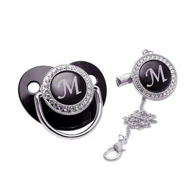 Luxury Silver Crown 26 Name Initial Letter Transparent Baby Pacifier Chain Clip Newborn Infant Soother Orthodontic Baby Pacifier