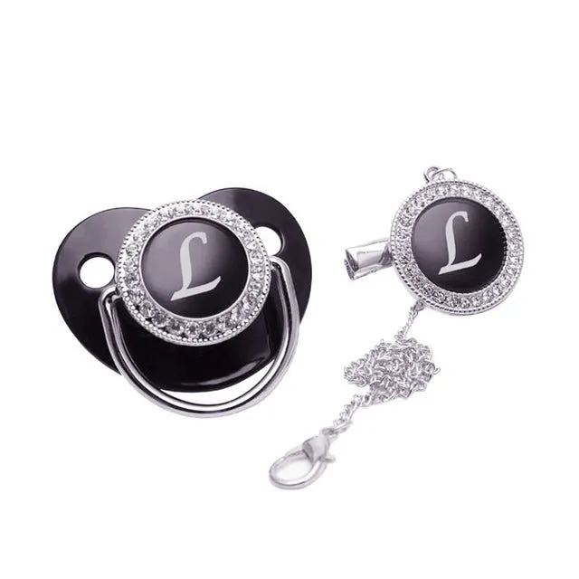 Luxury Silver Crown 26 Name Initial Letter Transparent Baby Pacifier Chain Clip Newborn Infant Soother Orthodontic Baby Pacifier