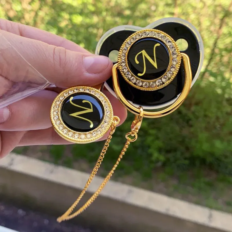 Luxury Silver Crown 26 Name Initial Letter Transparent Baby Pacifier Chain Clip Newborn Infant Soother Orthodontic Baby Pacifier