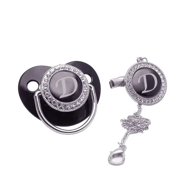 Luxury Silver Crown 26 Name Initial Letter Transparent Baby Pacifier Chain Clip Newborn Infant Soother Orthodontic Baby Pacifier