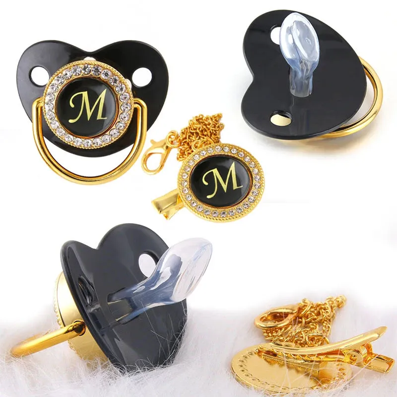 Luxury Silver Crown 26 Name Initial Letter Transparent Baby Pacifier Chain Clip Newborn Infant Soother Orthodontic Baby Pacifier