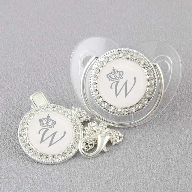 Luxury Silver Crown 26 Name Initial Letter Transparent Baby Pacifier Chain Clip Newborn Infant Soother Orthodontic Baby Pacifier
