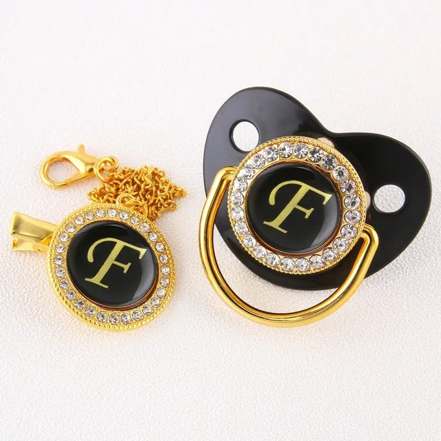 Luxury Silver Crown 26 Name Initial Letter Transparent Baby Pacifier Chain Clip Newborn Infant Soother Orthodontic Baby Pacifier