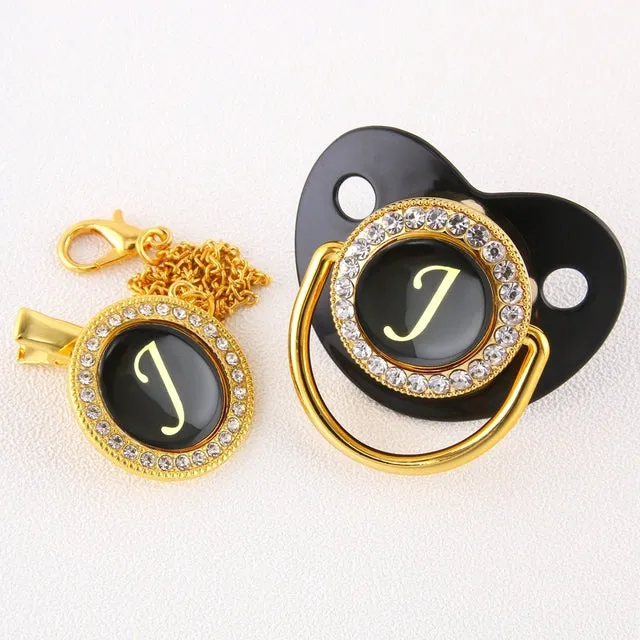 Luxury Silver Crown 26 Name Initial Letter Transparent Baby Pacifier Chain Clip Newborn Infant Soother Orthodontic Baby Pacifier