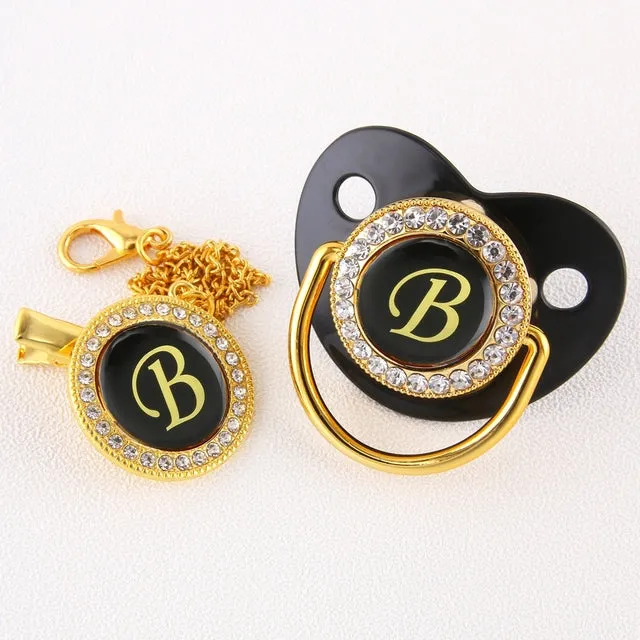 Luxury Silver Crown 26 Name Initial Letter Transparent Baby Pacifier Chain Clip Newborn Infant Soother Orthodontic Baby Pacifier
