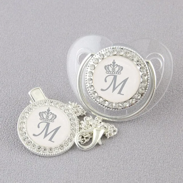 Luxury Silver Crown 26 Name Initial Letter Transparent Baby Pacifier Chain Clip Newborn Infant Soother Orthodontic Baby Pacifier