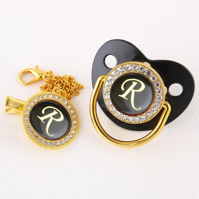 Luxury Silver Crown 26 Name Initial Letter Transparent Baby Pacifier Chain Clip Newborn Infant Soother Orthodontic Baby Pacifier