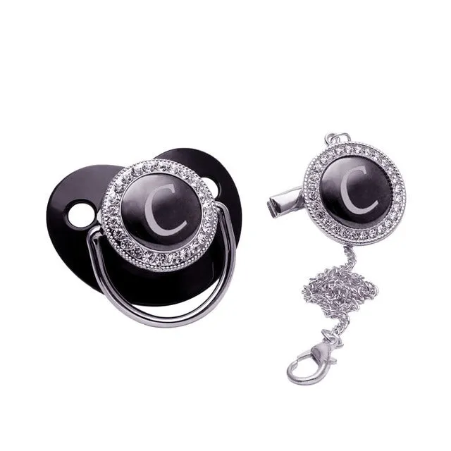 Luxury Silver Crown 26 Name Initial Letter Transparent Baby Pacifier Chain Clip Newborn Infant Soother Orthodontic Baby Pacifier