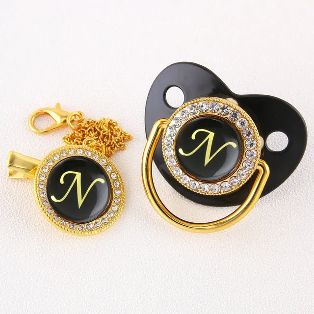 Luxury Silver Crown 26 Name Initial Letter Transparent Baby Pacifier Chain Clip Newborn Infant Soother Orthodontic Baby Pacifier
