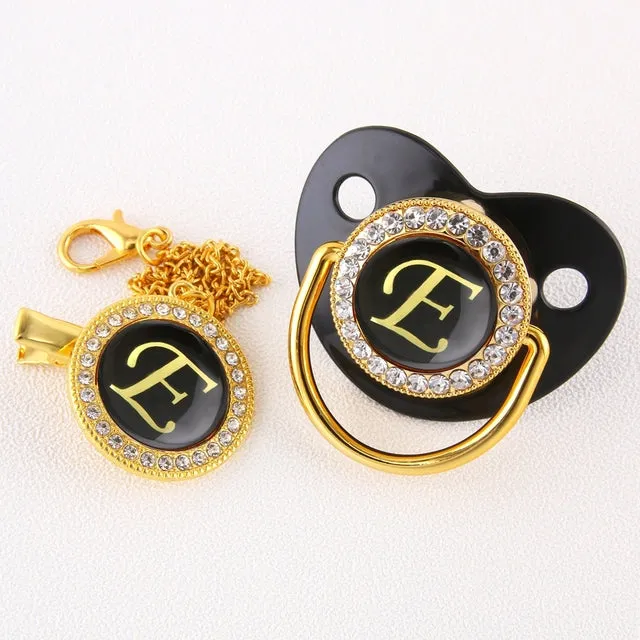 Luxury Silver Crown 26 Name Initial Letter Transparent Baby Pacifier Chain Clip Newborn Infant Soother Orthodontic Baby Pacifier