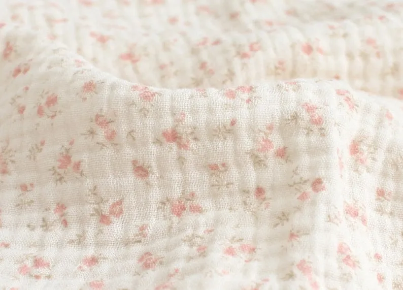 Muslin Wrinkled Cotton Double Gauze Fabric, Muslin Gauze Small Flowers, Enzyme Washed, 57" Wide, Quality Korean Fabric - By the Yard /60047