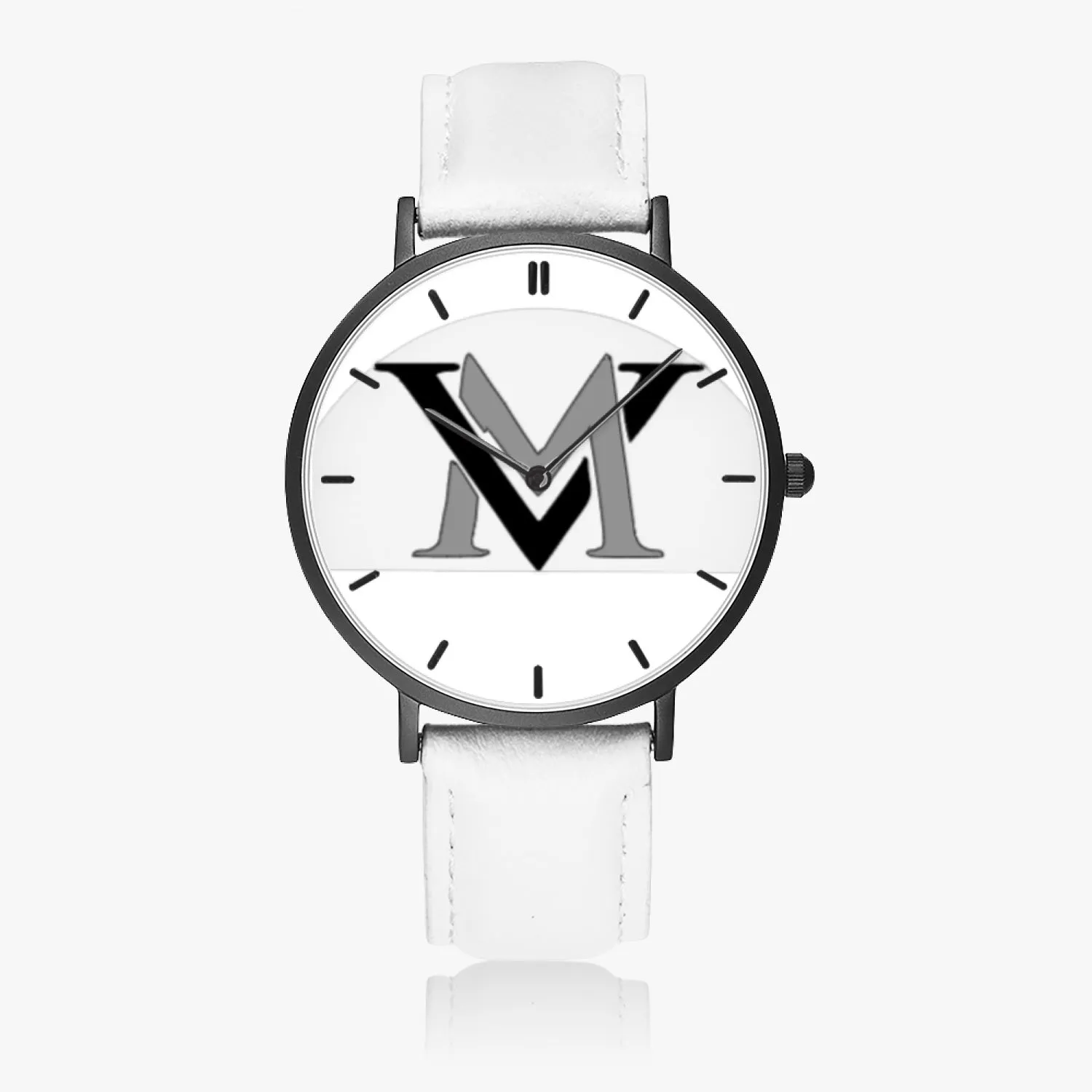 MyVybz Ultra-Thin Leather Strap Quartz Watch (Black With Indicators)