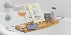 New Bamboo Bath Caddy! Constructed of Natural Bamboo & Stainless Steel, Non-Slip Design!