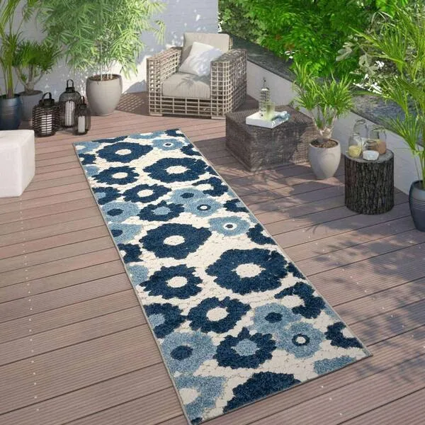 New Beautiful World Rug Gallery Palermo Navy 2 ft. x 7 ft. Modern Floral Flowers Indoor/Outdoor Runner Rug