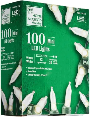 New Home Accents Holiday 34 ft.100-Light Mini LED Warm White indoor/outdoor String Lights with Green Wire