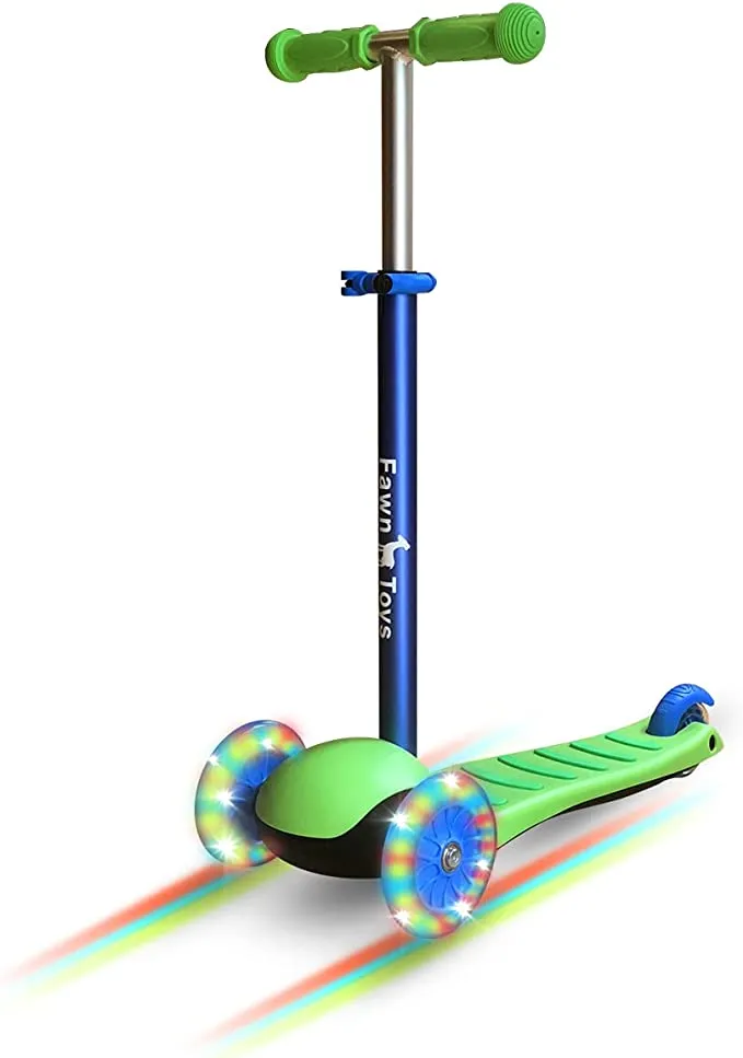New in box! Fawn Toys 3-Wheel Junior Kick Scooter Flashing Wheels/Lean to Turn/Indoor/Outdoor 2-8 Yrs! Grows with Child, adjustable handle bar! No Batteries, gears or pedals!