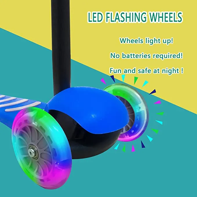New in box! Fawn Toys 3-Wheel Junior Kick Scooter Flashing Wheels/Lean to Turn/Indoor/Outdoor 2-8 Yrs! Grows with Child, adjustable handle bar! No Batteries, gears or pedals!