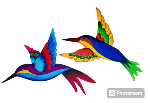 New set of 2 hand painted Metal Hummingbird indoor/outdoor wall art, comes ready to hang!