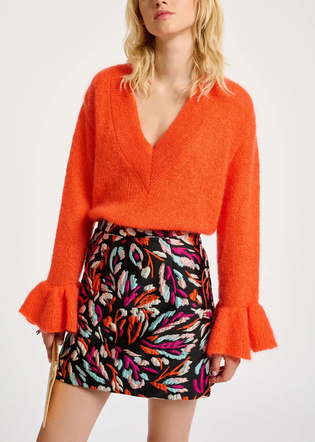 Orange V-neck mohair-blend sweater