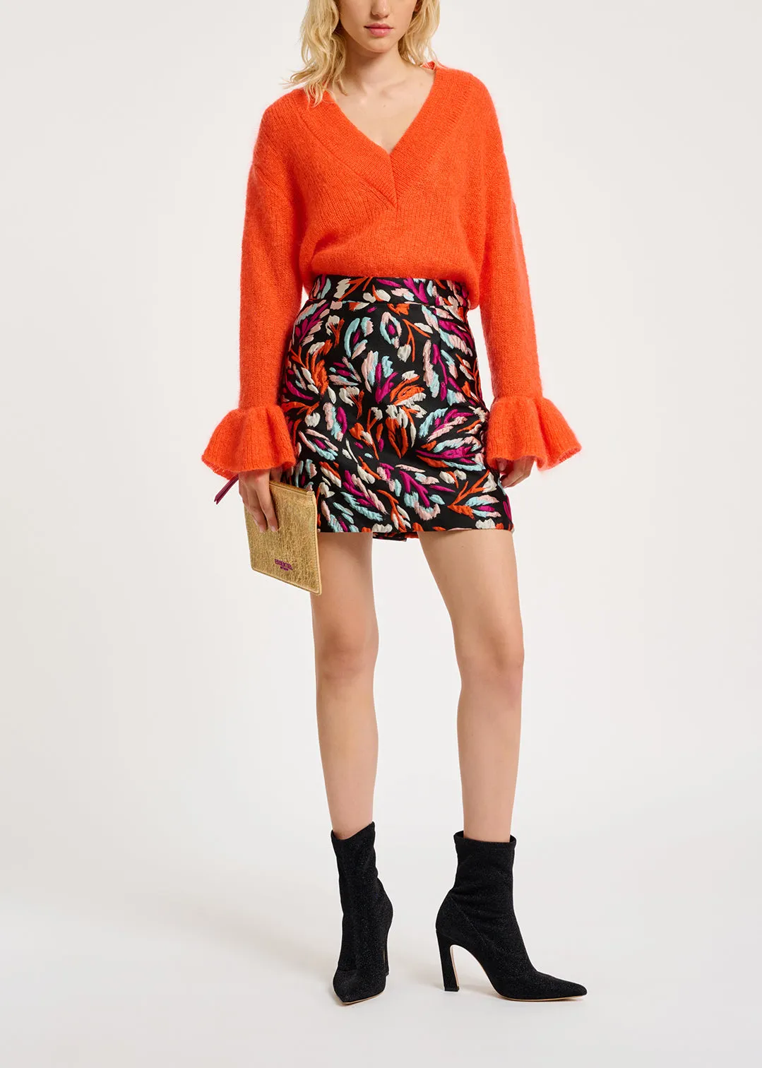 Orange V-neck mohair-blend sweater