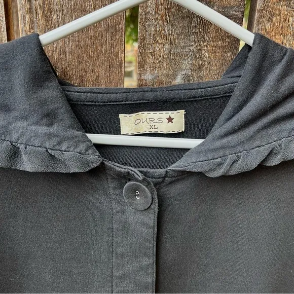 Ours Wm’s Ruffle Hooded Button Down Duster Jacket In Black Sz XL