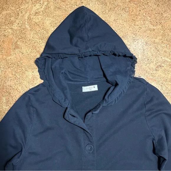 Ours Wm’s Ruffle Hooded Button Down Duster Jacket In Black Sz XL