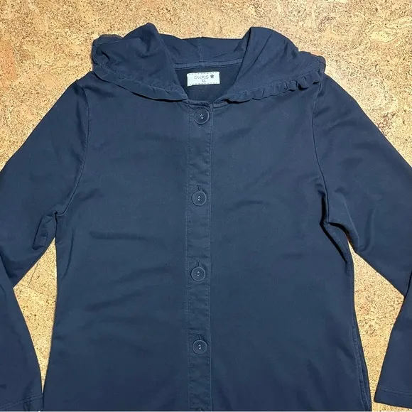 Ours Wm’s Ruffle Hooded Button Down Duster Jacket In Black Sz XL