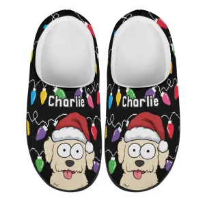 Personalized Dog Christmas Lights Slippers, Custom Unisex Plush Slippers, Gift For Dog Owners, Dog Lovers
