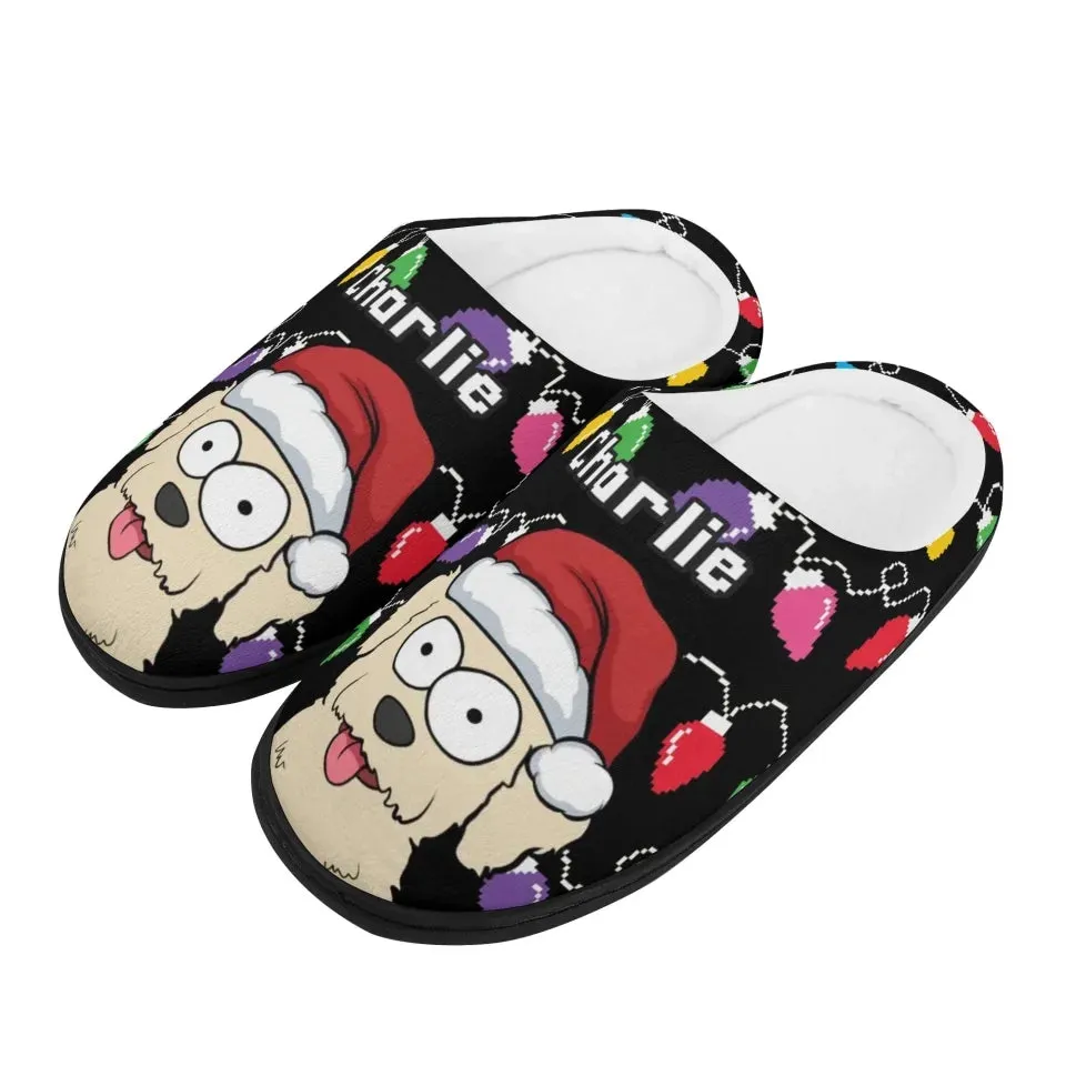 Personalized Dog Christmas Lights Slippers, Custom Unisex Plush Slippers, Gift For Dog Owners, Dog Lovers