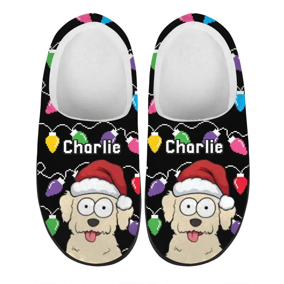 Personalized Dog Christmas Lights Slippers, Custom Unisex Plush Slippers, Gift For Dog Owners, Dog Lovers