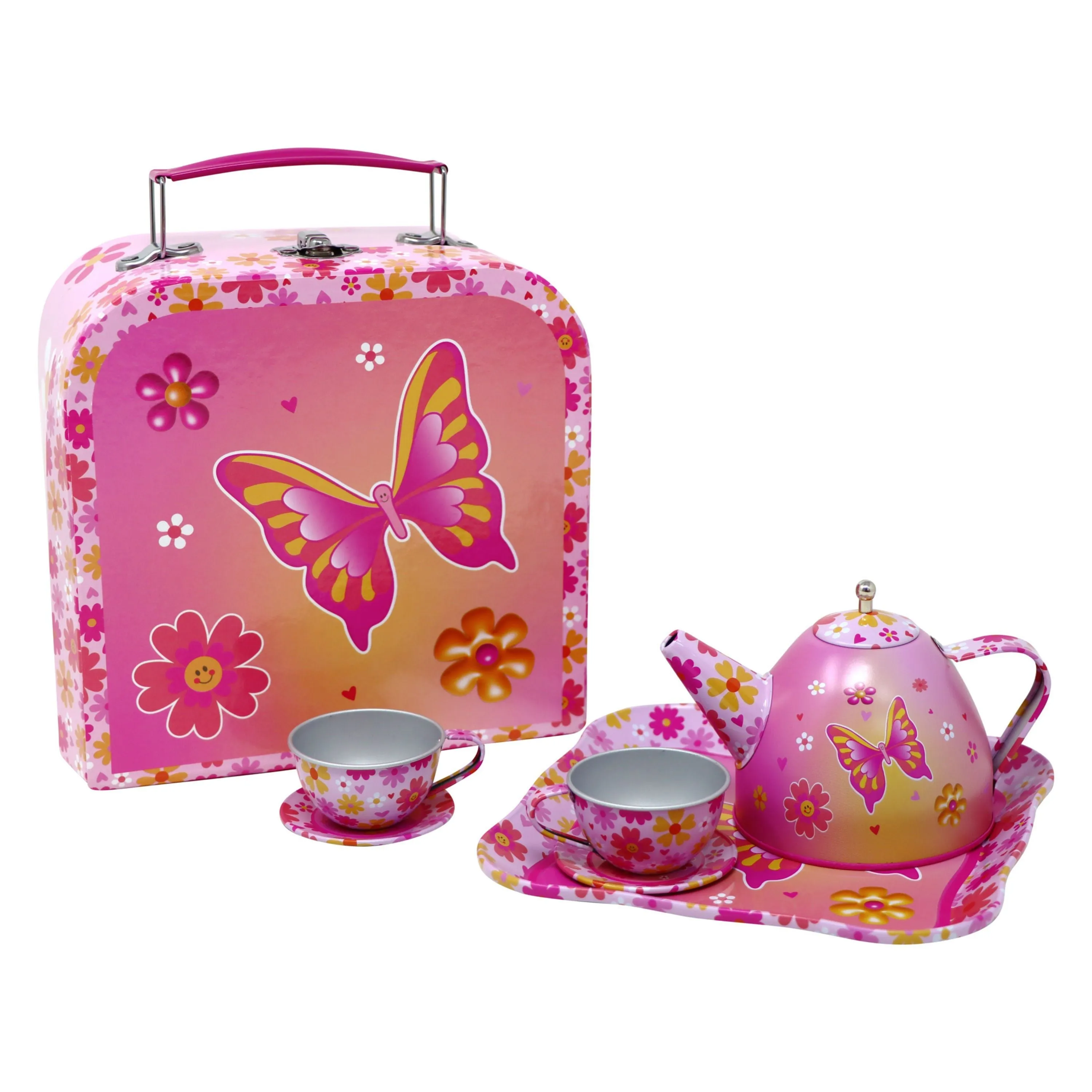 Pink Poppy Vibrant Vacation 6 Piece Tin Tea Set in Carry Case
