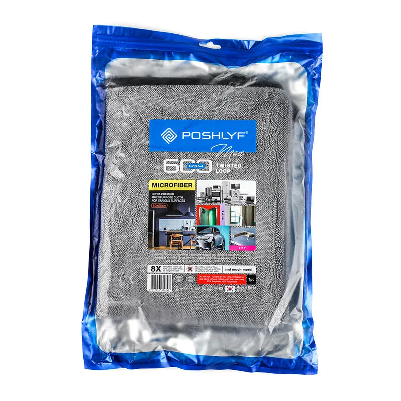 Poshlyf Twisted Loop Grey Black 600GSM Desert Storm Drier Microfiber 80cm x 50cm