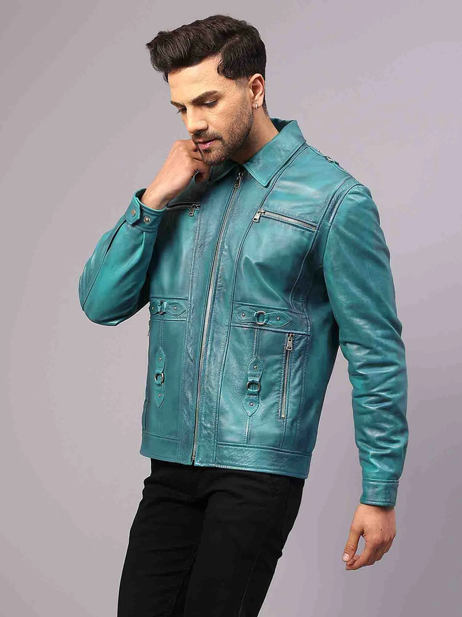 Saint Benjamin Turquoise Leather Men's Jacket
