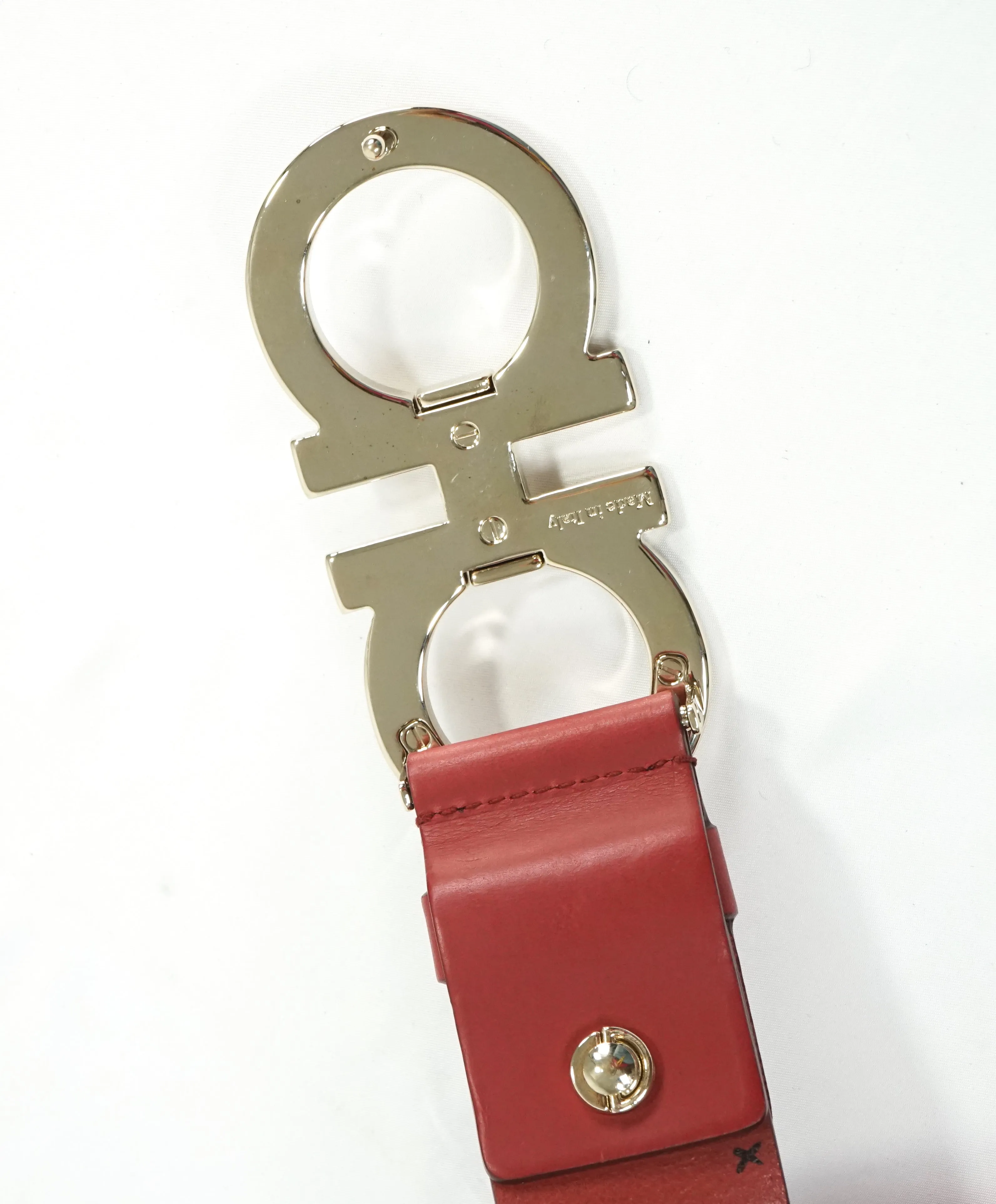 SALVATORE FERRAGAMO - Red & Gold Oversized Leather Gancini Belt - 42W